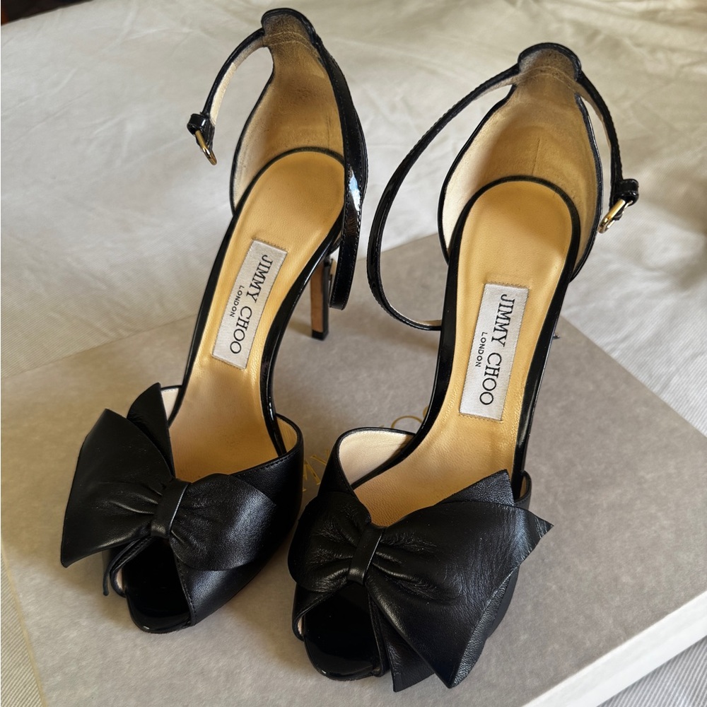 Jimmy Choo Black Peep-Toe Heels with Bow. Size 6.5